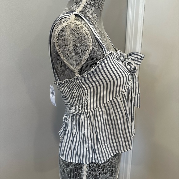 NWT AE Tie-Front Babydoll Blouse Blue/White Stripe. Sweetheart Neck Sleeveless S - Picture 13 of 16